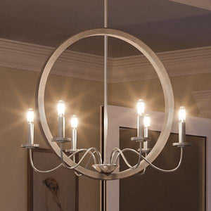 A gorgeous UHP2375 Modern Farmhouse Chandelier, 24-3/4"H x 22"W, with a Brushed Nickel Finish featuring six lights hanging from it by Urban Ambiance
