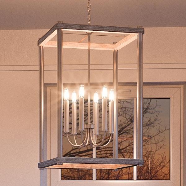 UHP2383 Modern Farmhouse Narrow Chandelier, 25"H x 14"W, Brushed Nickel Finish, Leeds Collection
