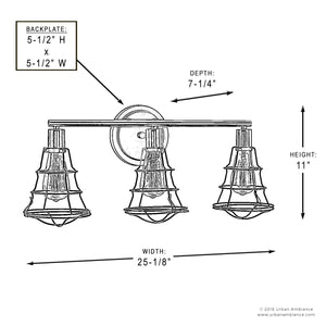 Black and white diagram of the UHP2421 Vintage Bathroom Vanity Light from Urban Ambiance’s Syracuse Collection, with labeled measurements: backplate 5.5″x5.5″, depth 7.25″, height 11″, and width 25.125″. This charcoal-finished three-light wall fixture showcases a vintage industrial open cage design for a timeless bathroom look.