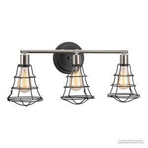 The Urban Ambiance UHP2421 Vintage Bathroom Vanity Light from the Syracuse Collection features an industrial design with three exposed bulbs, a black (charcoal finish) round base, and metal wire cage shades—an open cage bath fixture that captures the essence of vintage industrial lighting. Measuring 11″ high by 25.125″ wide, it offers a distinctive addition to any bathroom space.