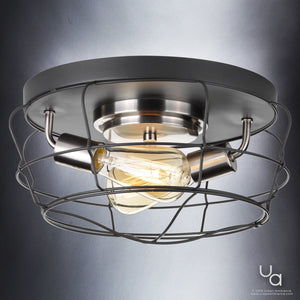 A close-up of the Urban Ambiance UHP2423 Vintage Ceiling Fixture from the Syracuse Collection, measuring 6.75″ high by 14″ wide, showcases its modern industrial style with a charcoal finish, open metal wire cage design, exposed bulb, and circular mounting base set against a gray background.