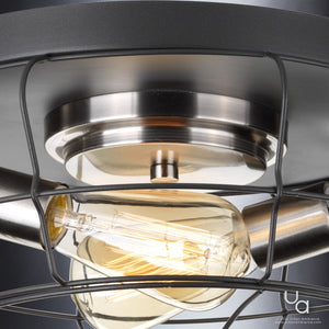 Close-up of the UHP2423 Vintage Ceiling Fixture from Urban Ambiance’s Syracuse Collection, featuring a charcoal finish, brushed metal frame, open cage design, and visible wiring with an exposed Edison-style bulb—ideal for infusing any space with vintage industrial charm. Fixture measures 6.75″ high by 14″ wide.
