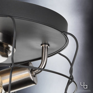 Close-up of the Urban Ambiance UHP2423 Vintage Ceiling Fixture from the Syracuse Collection, showcasing a charcoal-finished black metal base, metal rods, and an open cage design with a protective wire cage surrounding the bulb; measures 6.75 inches high by 14 inches wide.