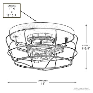 Here’s your rewritten sentence using the provided product data: Line drawing of the Urban Ambiance UHP2423 Vintage Ceiling Fixture from the Syracuse Collection, featuring a charcoal finish and an open cage design; canopy measures 1″ high by 12″ in diameter, fixture height is 6.75″, and overall diameter is 14″.