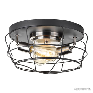 The Urban Ambiance UHP2423 Vintage Ceiling Fixture from the Syracuse Collection features a charcoal finish, exposed bulb, and black wire cage atop a metal base. Measuring 6.75″ high by 14″ wide, this modern industrial flush mount ceiling light showcases an open cage design with visible hardware for an authentic vintage industrial lighting look—the bulb is shown illuminated.
