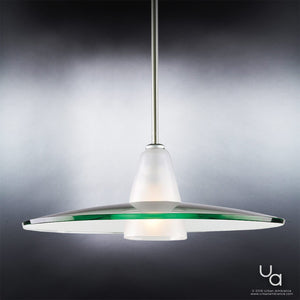 Introducing the Urban Ambiance UHP2431 Contemporary Pendant Light from the Honolulu Collection—a modern, double-shade pendant featuring a frosted glass centerpiece elegantly layered beneath a flat, circular shade with green edging. Suspended from a sleek metal rod in a subtle brushed nickel finish, this striking 7.5-inch high by 20-inch wide fixture stands out beautifully against dark gradient backgrounds.