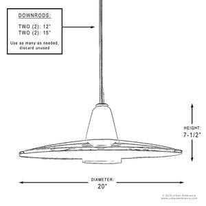 Labeled line drawing of the Urban Ambiance UHP2431 Contemporary Pendant Light from the Honolulu Collection, featuring a double-shade design with a 20-inch width and 7.5-inch height in a brushed nickel finish, shown alongside two 12-inch and two 15-inch downrods—ideal for highlighting modern glass lighting aesthetics.