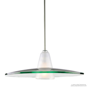 Introducing the UHP2431 Contemporary Pendant Light from the Honolulu Collection by Urban Ambiance. This modern fixture features a frosted glass cone paired with a flat, circular clear glass shade, all elegantly suspended from a sleek brushed nickel rod. Measuring 7.5″ high by 20″ wide, it brings sophisticated contemporary elegance to any space.