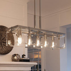 A beautiful UHP2441 Modern Farmhouse Chandelier, 15-3/4"H x 36-3/4"W, Brushed Nickel Finish from the Bristol Collection by Urban Ambiance