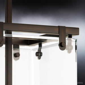 Close-up of the UHP2442 Modern Farmhouse Modern Chandelier from the Bristol Collection by Urban Ambiance, featuring an Olde Bronze finish and measuring 28-3/8” high by 14-3/4” wide, set against a gradient gray background.