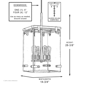 Black and white diagram of the Urban Ambiance UHP2442 Modern Farmhouse Modern Chandelier from the Bristol Collection, showing labeled dimensions: height 28-3/8 inches and width/depth 14-3/4 inches square. Includes downrods and is compatible with sloped ceilings. This cube ceiling light features an elegant Olde Bronze finish.