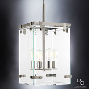 A unique lighting fixture, the UHP2443 Modern Farmhouse Narrow Chandelier from the Bristol Collection by Urban Ambiance, featuring three light bulbs.