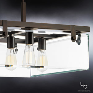 Suspended from a sleek black metal structure against a neutral background, the UHP2444 Modern Farmhouse Square Chandelier from Urban Ambiance’s Bristol Collection features beveled glass panels and an Olde Bronze finish, bringing elegant architectural detail and a contemporary touch to your space. Measuring 13-3/4″ high by 22-3/4″ wide, this striking modern pendant showcases exposed filament bulbs within a sophisticated rectangular frame.