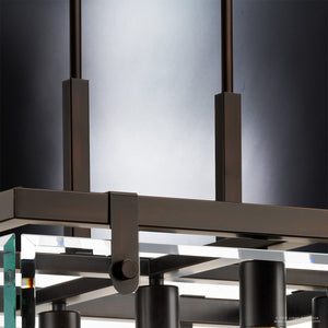 Close-up view of the Urban Ambiance UHP2444 Modern Farmhouse Square Chandelier from the Bristol Collection, measuring 13-3/4 inches high by 22-3/4 inches square, shown in an Olde Bronze finish with geometric black metal bars arranged vertically and horizontally, set against a softly lit background.