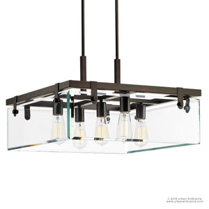 The Urban Ambiance UHP2444 Modern Farmhouse Square Chandelier from the Bristol Collection features a striking Olde Bronze finish, a geometric metal frame, and clear beveled glass sides that showcase its modern architectural style. Measuring 13-3/4 inches high by 22-3/4 inches square, this sophisticated ceiling fixture is suspended by two rods for an elegant statement in any space.