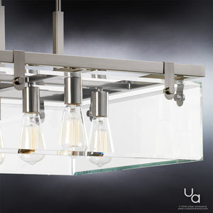 A beautiful modern farmhouse square chandelier, with a brushed nickel finish from the Bristol Collection by Urban Ambiance, featuring four unique and luxurious hanging light bulbs.