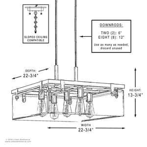 A diagram showing the dimensions of the beautiful UHP2445 Modern Farmhouse Square Chandelier, lighting fixture.