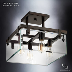 The UHP2448 Modern Farmhouse Ceiling Fixture from the Bristol Collection by Urban Ambiance features a square design with beveled glass panels and four exposed bulbs in an Olde Bronze finish, measuring 14″ high by 16-3/4″ wide, shown against a gray background.