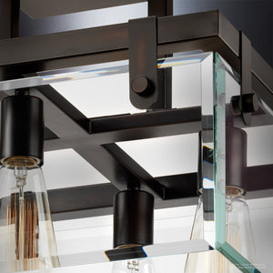 Close-up of the Urban Ambiance UHP2448 Modern Farmhouse Ceiling Fixture from the Bristol Collection, featuring an Olde Bronze finish, black metal frame, clear beveled glass panels, and exposed Edison-style bulbs. Measures 14″H x 16-3/4″W square.