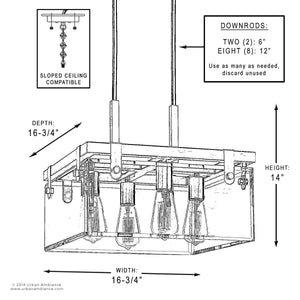 Line drawing of the Urban Ambiance UHP2448 Modern Farmhouse Ceiling Fixture from the Bristol Collection, featuring a rectangular design with four bulbs, beveled glass accents, adjustable rods, labeled dimensions (14″H x 16-3/4″W SQ), and a note indicating sloped ceiling compatibility in an elegant Olde Bronze finish.