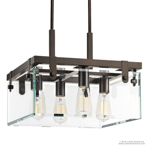 The Urban Ambiance UHP2448 Modern Farmhouse Ceiling Fixture from the Bristol Collection features a 14-inch high by 16-3/4-inch square design with an Olde Bronze finish, rectangular frame accented by beveled glass sides, and is suspended by two rods to showcase four exposed Edison bulbs.