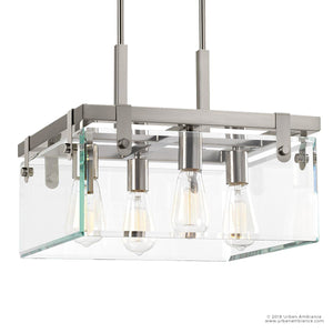 A unique UHP2449 Modern Farmhouse Square lighting fixture with four glass lights, brushed nickel finish, and metal frame.
