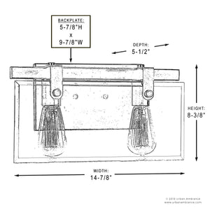 Line drawing of the Urban Ambiance UHP2452 Modern Farmhouse Bath Fixture from the Bristol Collection, showing labeled dimensions: width 14-7/8″, height 8-3/8″, depth 5-1/2″, and backplate size 5-7/8″ x 9-7/8″. This beveled glass vanity light features an Olde Bronze finish and showcases transitional charm in a modern farmhouse design.