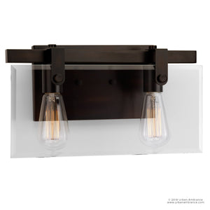 The Urban Ambiance UHP2452 Modern Farmhouse Modern Bath Fixture from the Bristol Collection showcases a sleek Olde Bronze finish and measures 8-3/8″ high by 14-7/8″ wide. This wall-mounted bath light features two exposed bulbs within a rectangular clear glass shade, creating a contemporary farmhouse look set against its bold metal base.