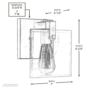 Line drawing of the Urban Ambiance UHP2454 Modern Farmhouse Bath/Wall Light from the Bristol Collection, featuring beveled glass and an elegant Olde Bronze finish, with dimensions of 8-3/8″ height, 7″ width, 5-1/2″ depth, and a 6-3/4″ x 7″ backplate.