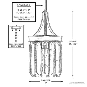 A diagram showing the dimensions of a gorgeous UHP2461 Crystal Pendant lighting fixture, 11-1/4