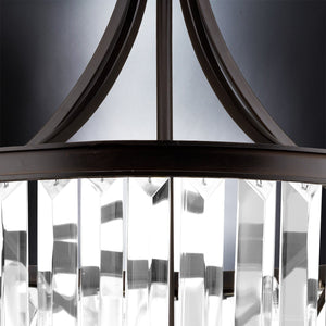 Close-up of the UHP2462 Traditional Chandelier from Urban Ambiance’s Lille Collection, featuring clear rectangular crystal prisms and an Olde Bronze-finished frame, highlighting the elegance of prismatic glass against a gradient background.