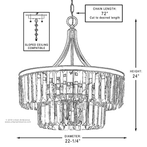 A diagram displaying the dimensions of a beautiful Urban Ambiance UHP2463 Crystal Crystal Chandelier, 23-7/8