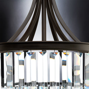 Close-up of the Urban Ambiance UHP2464 Traditional Chandelier from the Lille Collection, showcasing its Olde Bronze finish and dark metal curved arms. Multiple rectangular glass prisms create brilliant reflections against a neutral background. Fixture dimensions: 29-1/4″H x 28″W.