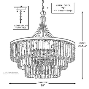 Black and white diagram featuring the Urban Ambiance UHP2464 Lille Collection traditional chandelier in an Olde Bronze finish, shown with dimensions—29-1/4″ height, 28″ width, and a 72″ adjustable chain. The illustration includes arrows to indicate measurements and highlights classic detailing as well as sloped ceiling compatibility.