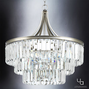 A gorgeous Urban Ambiance lighting fixture, the UHP2465 Crystal Chandelier in Antique Silver Finish from the Lille Collection, hanging on a black background.
