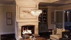 A unique living room with a UHP2465 Crystal Crystal Chandelier from Urban Ambiance and a gorgeous fireplace.
