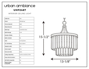 Line drawing of the Urban Ambiance UHP2467 Cosmopolitan Ceiling Light from the Lille Collection, featuring vertical prismatic glass panels and a refined Olde Bronze finish, with dimensions of 15-1/2 inches in height and 13-1/8 inches in width. Product details are listed on the left.