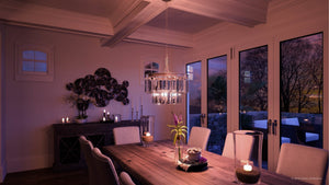 A beautiful lighting fixture, the UHP2468 Cosmopolitan Chandelier, adds a touch of luxury to the dining room.