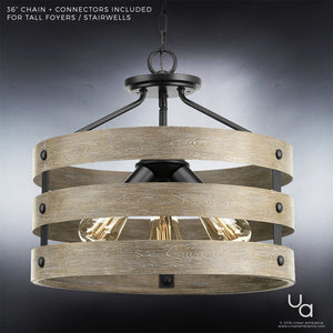 Illuminate your space with the Urban Ambiance UHP2470 Modern Farmhouse Flush-Mount Ceiling Fixture from the Adelaide Collection—a 13-1/2″ high by 17″ wide charcoal-finished piece, featuring two wooden rings and black metal accents. This flush-mount design blends rustic warmth and contemporary charm, making it perfect for adding character to tall foyers or stairwells.
