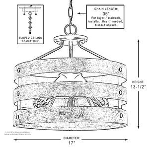 A drawing showing the unique dimensions of an UHP2471 Modern Farmhouse Chandelier, 13-1/2