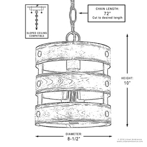 Illustration of the UHP2472 Modern Farmhouse Pendant from the Adelaide Collection by Urban Ambiance, featuring a rustic open cage design in a charcoal finish. The fixture measures 10 inches high and 8-1/2 inches wide, includes a 72-inch adjustable chain, and is compatible with sloped ceilings.