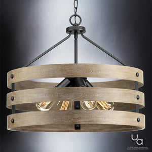 The Urban Ambiance UHP2474 Modern Farmhouse Chandelier from the Adelaide Collection features three wooden rings and exposed bulbs, suspended by a black chain with a charcoal finish, creating a stylish look against a gradient background.