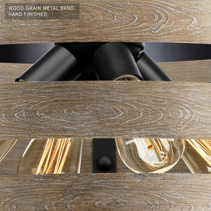 Close-up of the UHP2474 Modern Farmhouse Chandelier from the Adelaide Collection by Urban Ambiance, showcasing exposed bulbs and a hand-finished metal band with a wood grain texture in a charcoal finish—an ideal pick for those who love industrial rustic lighting.