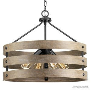 The Urban Ambiance UHP2474 Modern Farmhouse Chandelier from the Adelaide Collection features three wooden rings and exposed bulbs, suspended by a black metal chain in a stylish charcoal finish, bringing an industrial rustic lighting touch to any space. Measures 18-1/4″ high by 21-5/8″ wide.
