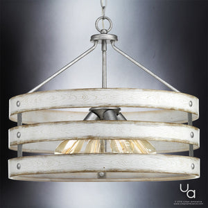 A unique UHP2475 Modern Farmhouse Chandelier with a wooden ring hanging from it.