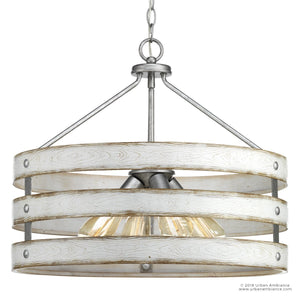 A beautiful UHP2475 Modern Farmhouse Chandelier with a wooden frame and glass shades from the Adelaide Collection by Urban Ambiance.