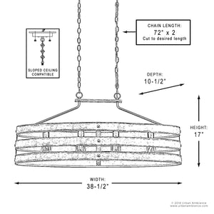 A diagram depicting the unique dimensions of the UHP2477 Modern Farmhouse Chandelier, a beautiful lighting fixture from the Adelaide Collection by Urban Ambiance.