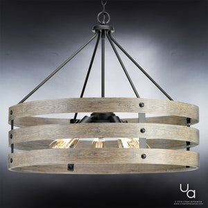 Elevate your space with the Urban Ambiance UHP2478 Modern Farmhouse Chandelier from the Adelaide Collection, featuring three wooden rings, black metal accents, and exposed bulbs. Hand-finished in charcoal for a rustic yet modern appeal, this striking 22-3/4″H x 27-3/4″W fixture creates an elegant focal point against any gray gradient backdrop.