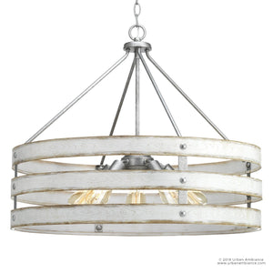 A beautiful Modern Farmhouse chandelier, the UHP2479, with a Galvanized Steel finish and wooden crates.