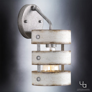 A unique modern farmhouse bath / wall light featuring a galvanized steel finish and a beautiful wooden frame.